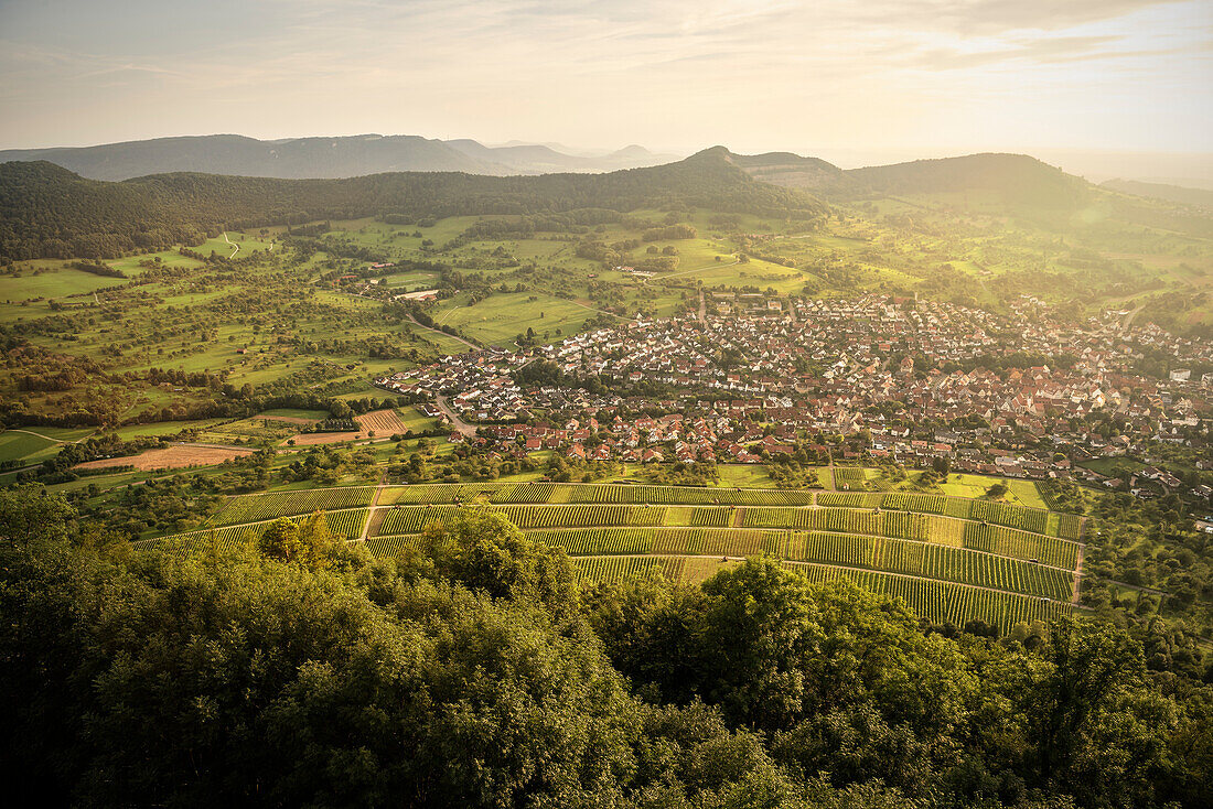 view at Neuffen village from Hohenneuffen castle, Swabian Alb, Baden-Wuerttemberg, Germany