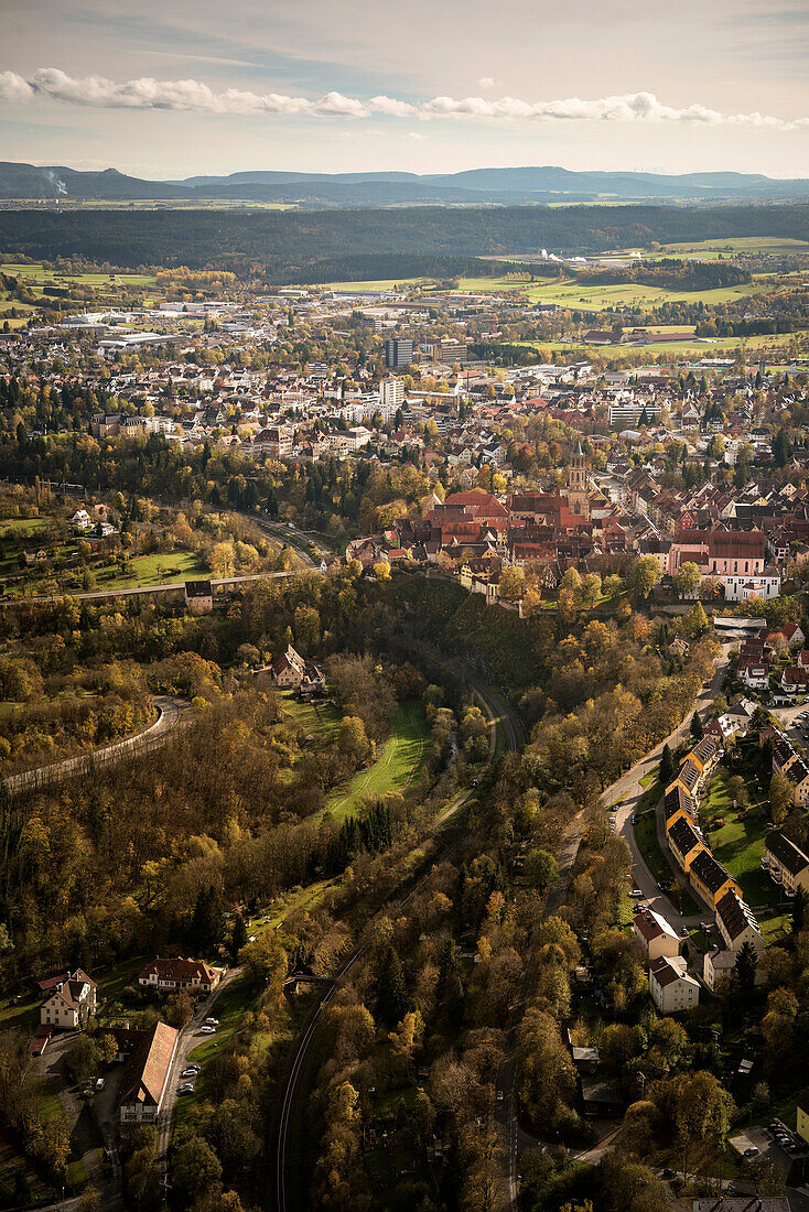 view from thyssenkrupp elevator testing tower at historic town of Rottweil, Baden-Wuerttemberg, Germany