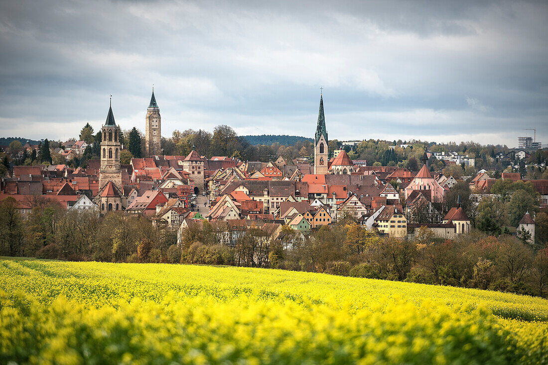 view towards yellow rapeseed field at historic town centre of Rottweil, Baden-Wuerttemberg, Germany