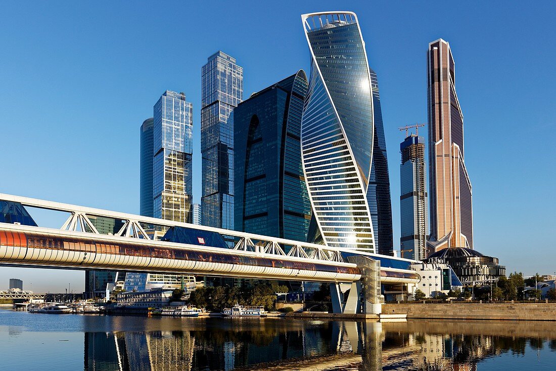 High rise buildings of Moscow International Business Centre (MIBC, or Moscow City) and Bagration pedestrian bridge. Moscow, Russia.