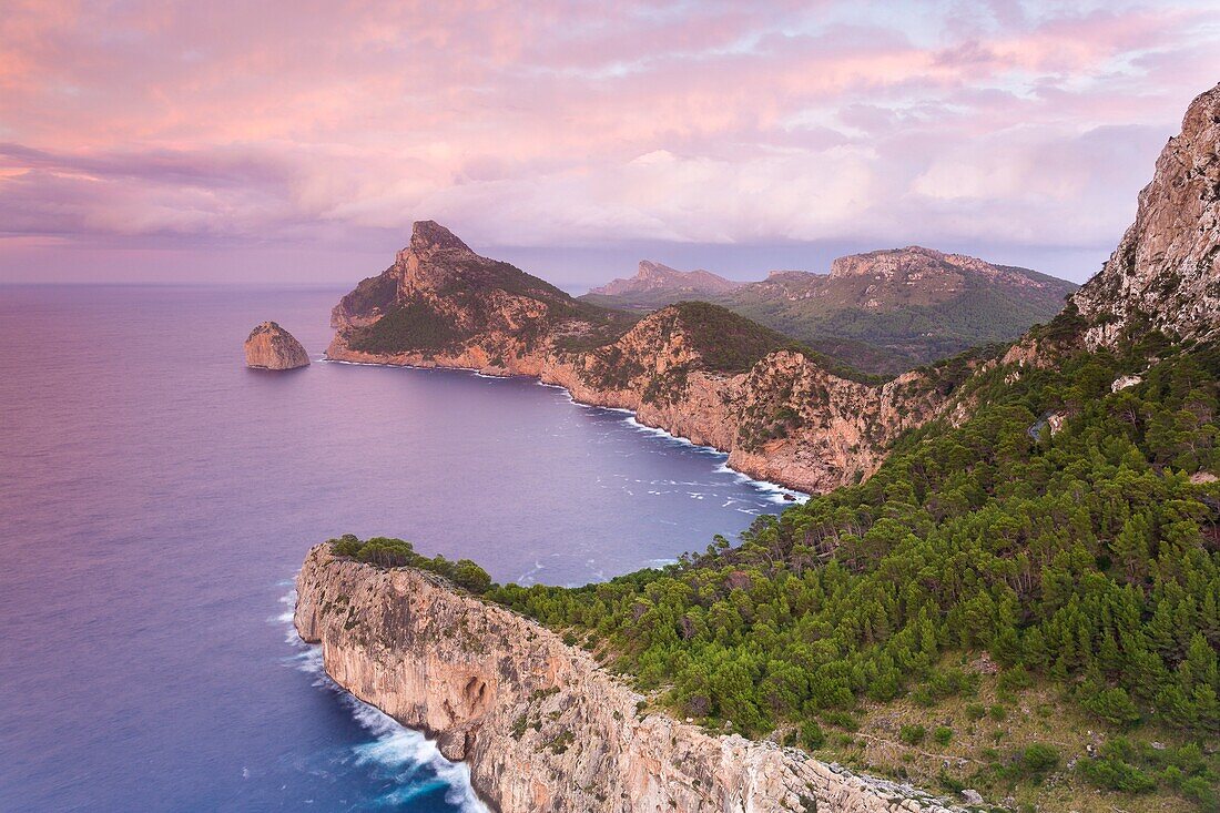 View at sunset from Mirador Es Colomer, Formentor, Pollensa, Majorca, Balearic Islands, Spain