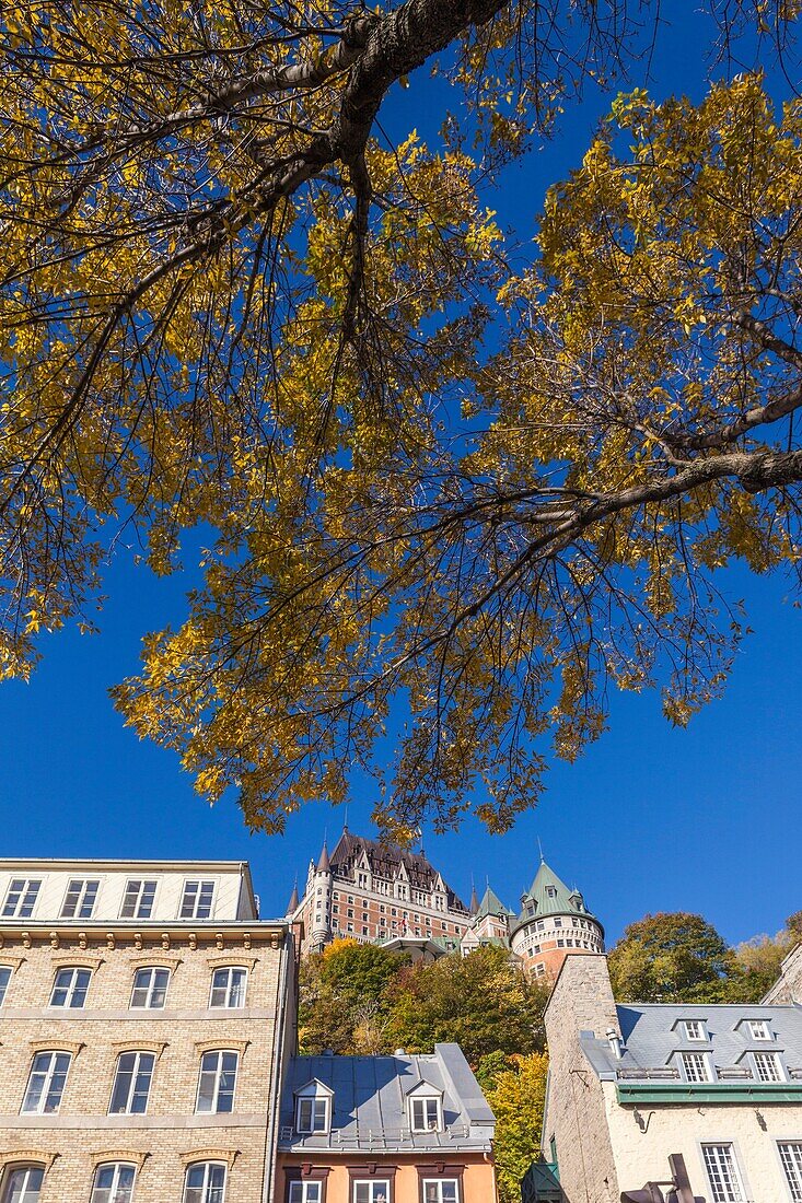 Canada, Quebec, Quebec City, Chateau Frontenac Hotel and buildings along Boulevard Champlain, morning.