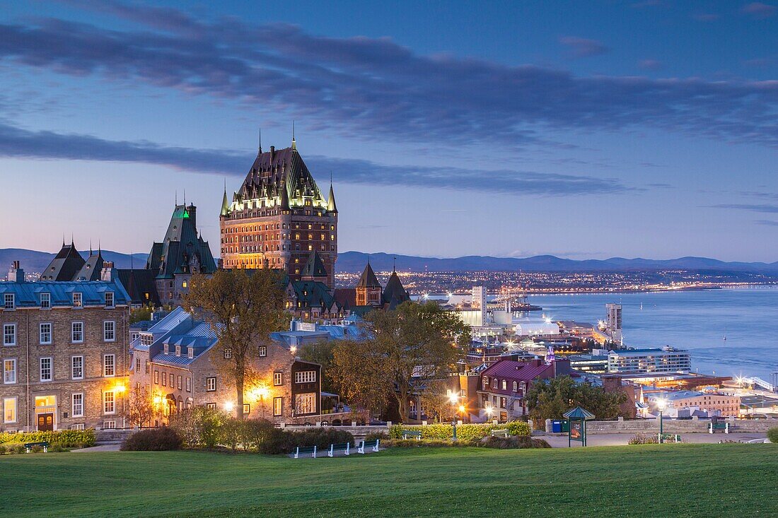 Canada, Quebec, Quebec City, elevated skyline with Chateau Frontenac Hotel, dusk.