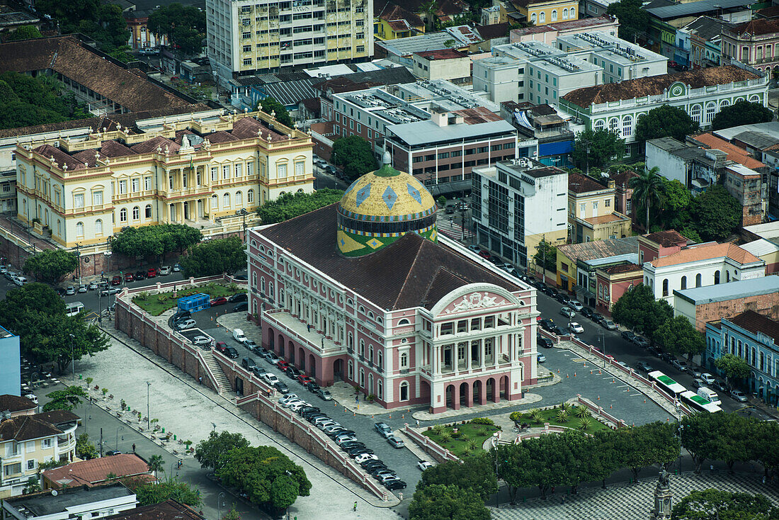 Aerial of the Amazon Theatre (Teatro Amazonas), inaugurated in 1896, showing the roofing tiles from Alsace, France, Manaus, Amazonas, Brazil, South America