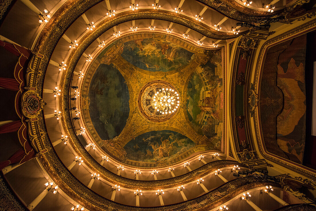 View of the horseshoe-shaped ceiling of the Amazon Theatre (Teatro Amazonas), with its murals, Manaus, Amazonas, Brazil, South America