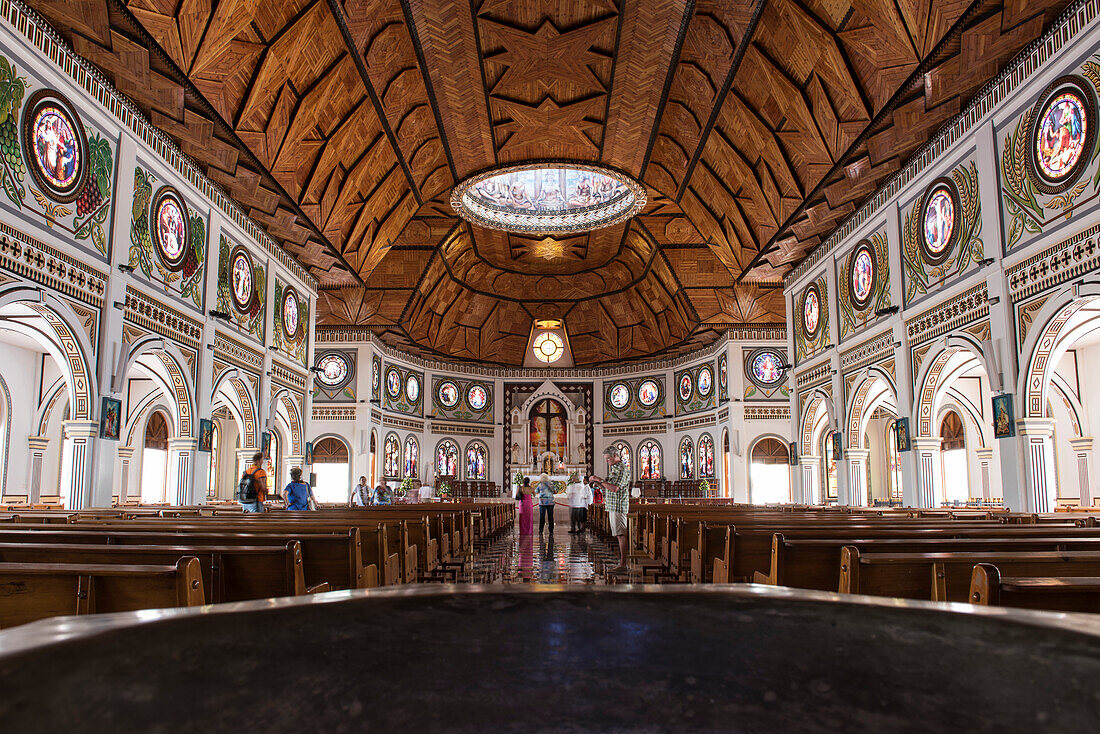 Interior view of the blue, white and black Immaculate Conception Cathedral (also called Cathedral of Apia or Mulivai Cathedral), built on the site of the original mid-19th-Century church and opened in 2014, Apia, Upolu, Samoa, South Pacific