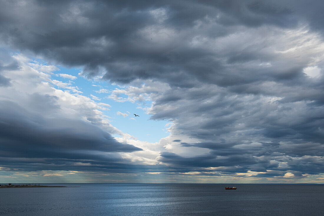 Ein Schiff bahnt sich unter einem Himmel mit seltsam gebildeten Wolken ab, während ein einzelner Vogel vor einer Öffnung in der Wolkendecke fliegt, Punta Arenas, Magallanes y de la Antartica Chilena, Patagonien, Chile, Südamerika