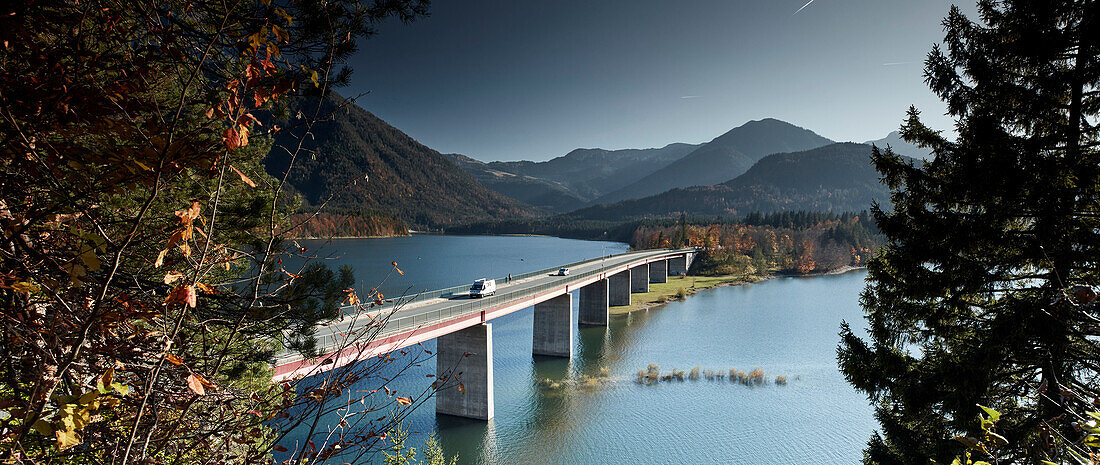 Sylvenstein bridge across Sylvenstein barrier lake, Karwendel, bavaria, germany