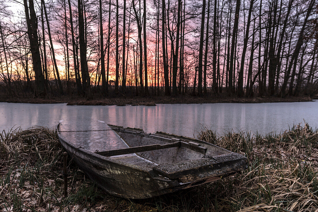 Im Eis eingefrorener Kahn in einem Fluss des Spreewaldes zur blauen Stunde im Morgengrauen