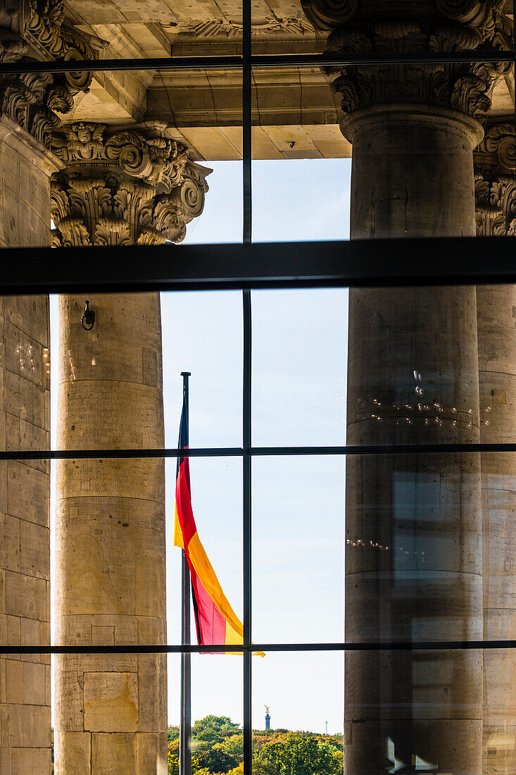 Main entrance with national flag, Reichstag, Bundestag, Berlin, Germany