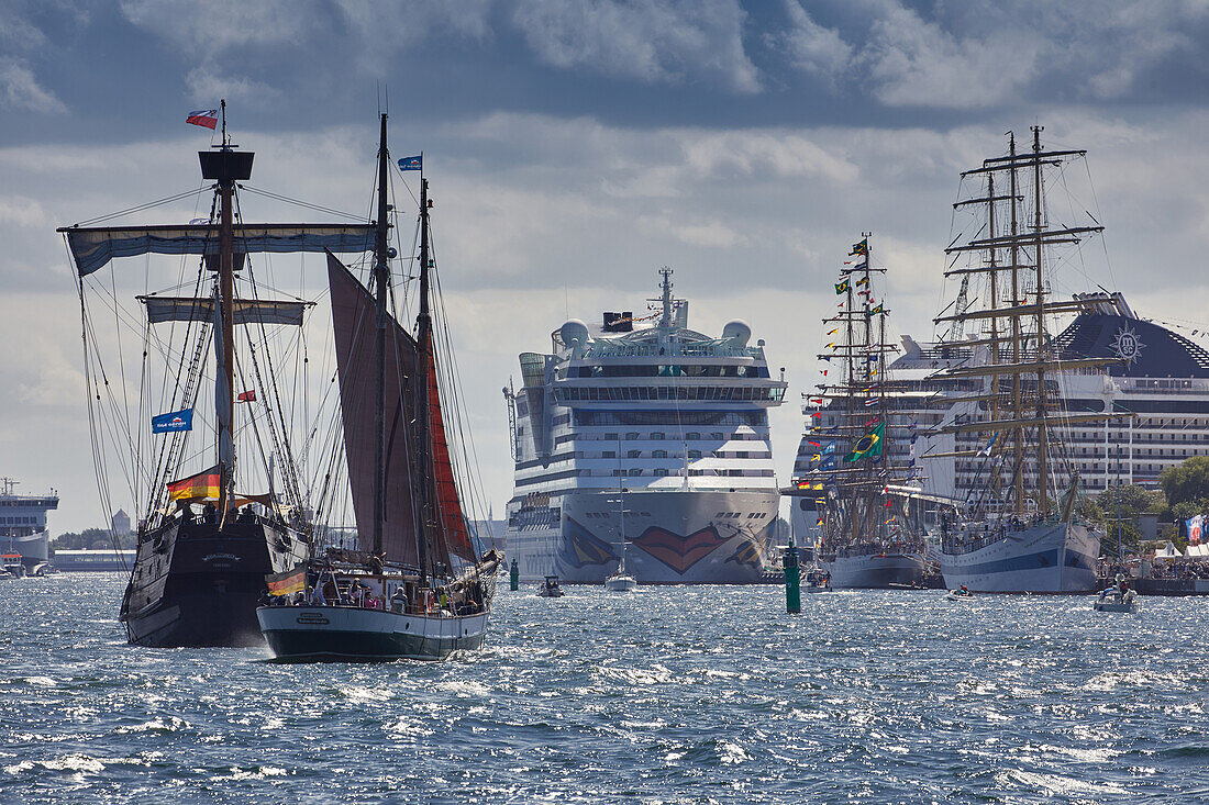 Traditional sailer and cruise ship in the Hanse Sail Rostock Warnemünde, sea channel, Germany Mecklenburg-Western Pomerania