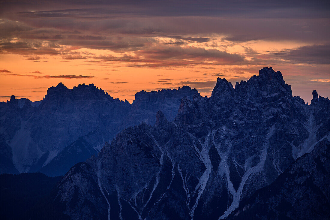 Dawn above Carnic Prealps, from Tre Cime, Sexten Dolomites, Dolomites, UNESCO World Heritage Site Dolomites, Venetia, Italy