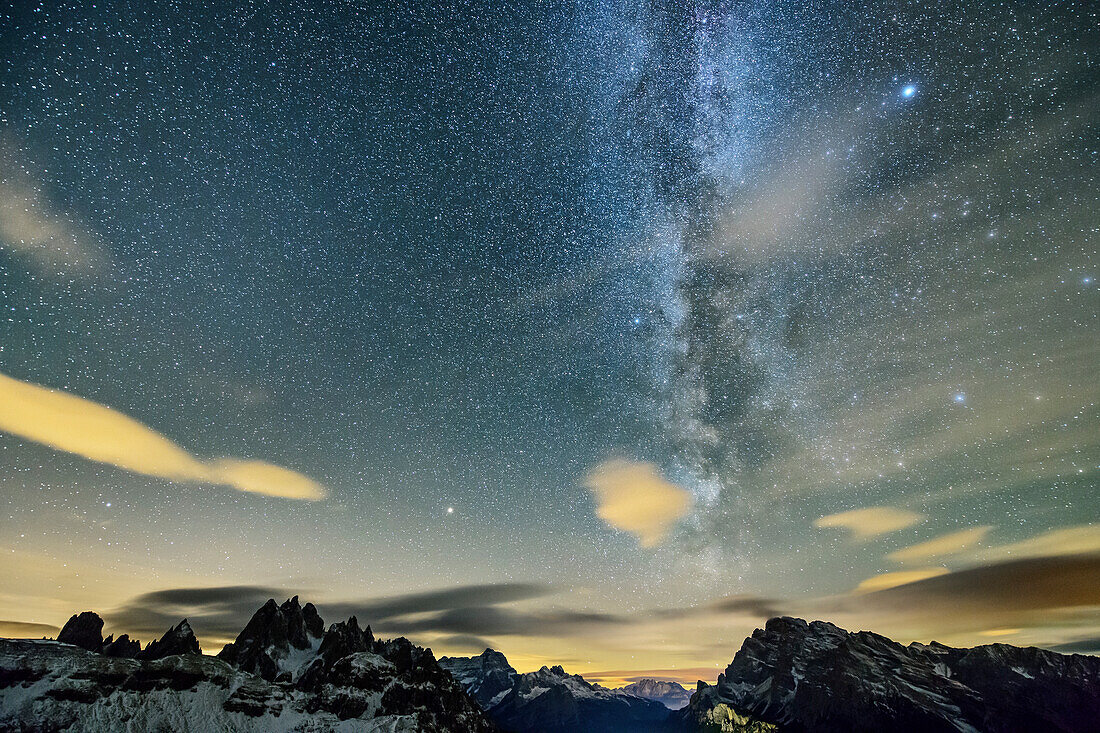 Milky Way above Cadini Group and Monte Cristallo, from hut Auronzo-Huette, Tre Cime, Sexten Dolomites, Dolomites, UNESCO World Heritage Site Dolomites, Venetia, Italy