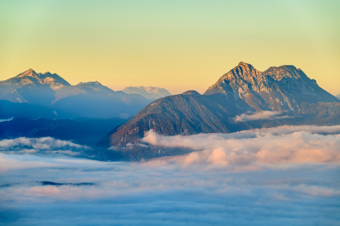 Sonntagshorn and Hochstaufen above valley of Salzach with fog, from Gaisberg, Salzkammergut, Salzburg, Austria