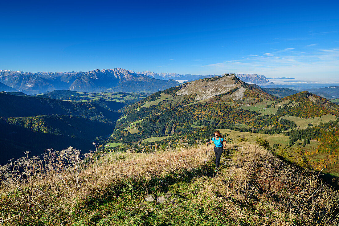 Woman hiking ascending towards Regenspitz, Berchtesgaden Alps and Schmittenstein in background, from Regenspitz, Salzkammergut, Salzburg, Austria