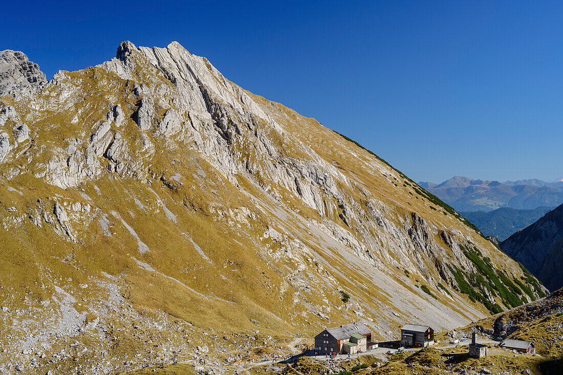 Hut Lamsenjochhuette with Schafjoechl, Natural Park Karwendel, Karwendel range, Tyrol, Austria