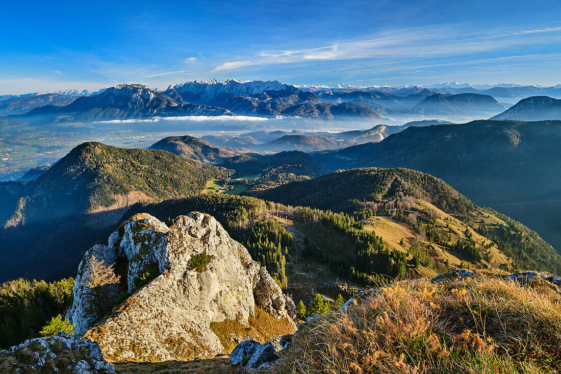 View from Bruennstein to valley of Inntal, Kaiser range and Central Alps, Bruennstein, Mangfall Mountains, Bavarian Alps, Upper Bavaria, Bavaria, Germany