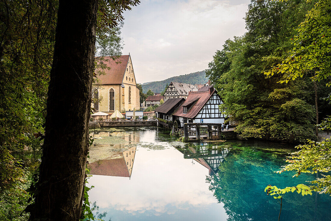 der Blautopf in Blaubeuren, Blick auf Kloster, Altstadt und Hammerschmiede, Alb Donau Kreis, Schwäbische Alb, Baden-Württemberg, Deutschland