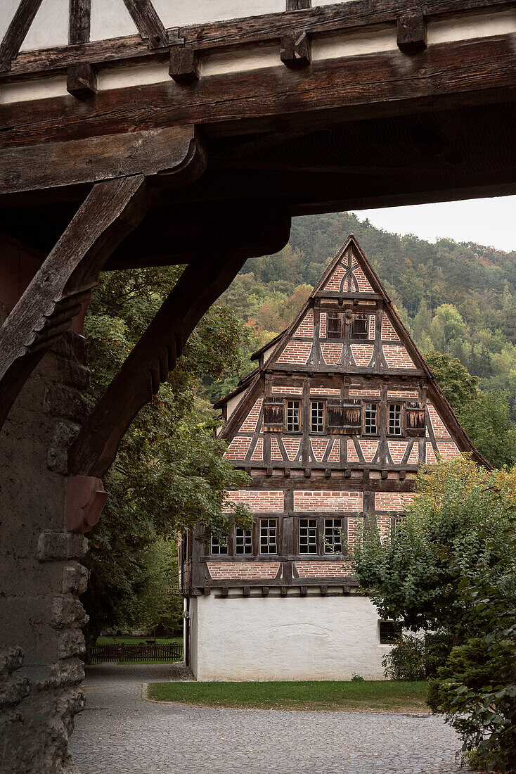 framework house at monastry yard, Blaubeuren, Alb Danube District, Swabian Alb, Baden-Wuerttemberg, Germany