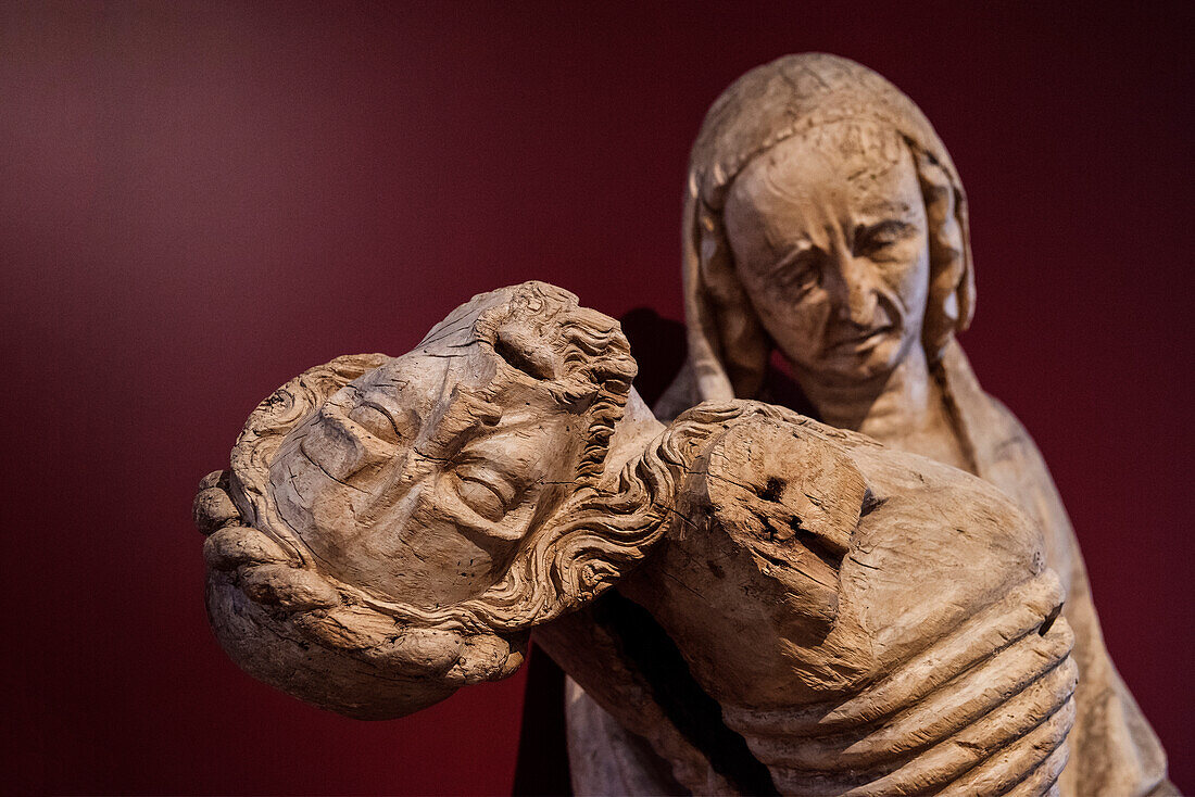 Jesus and crying Mary wooden sculpture, exhibition at Coburg castle, Upper Franconia, Bavaria, Germany