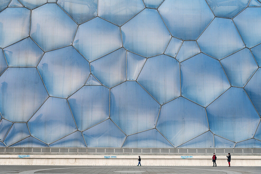 people with mask in front of comb of National Aquatic Centre, Olympic Green, Beijing, China, Asia