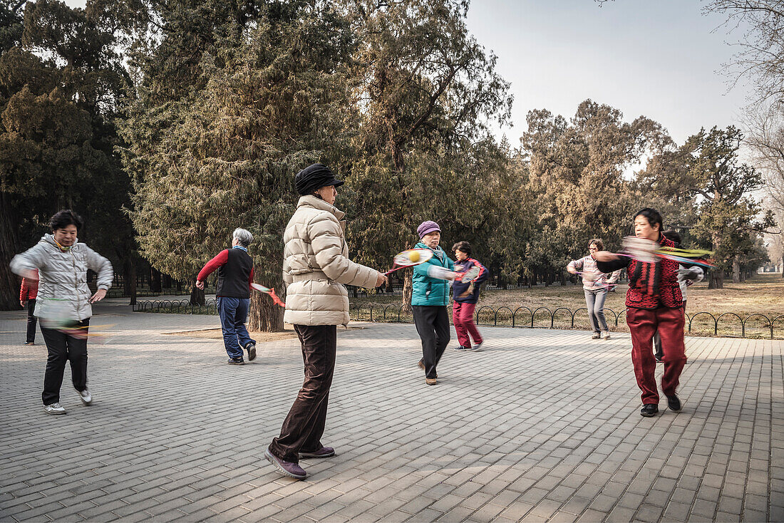 elder chinese women dance in Temple of the Heaven Park, Beijing, China, Asia, UNESCO World Heritage