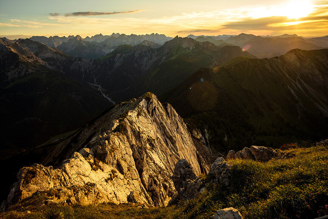 View from the Seebergspitze to the Karwendel mountains at sunset, lake Achensee, Karwendel, Tyrol, Austria