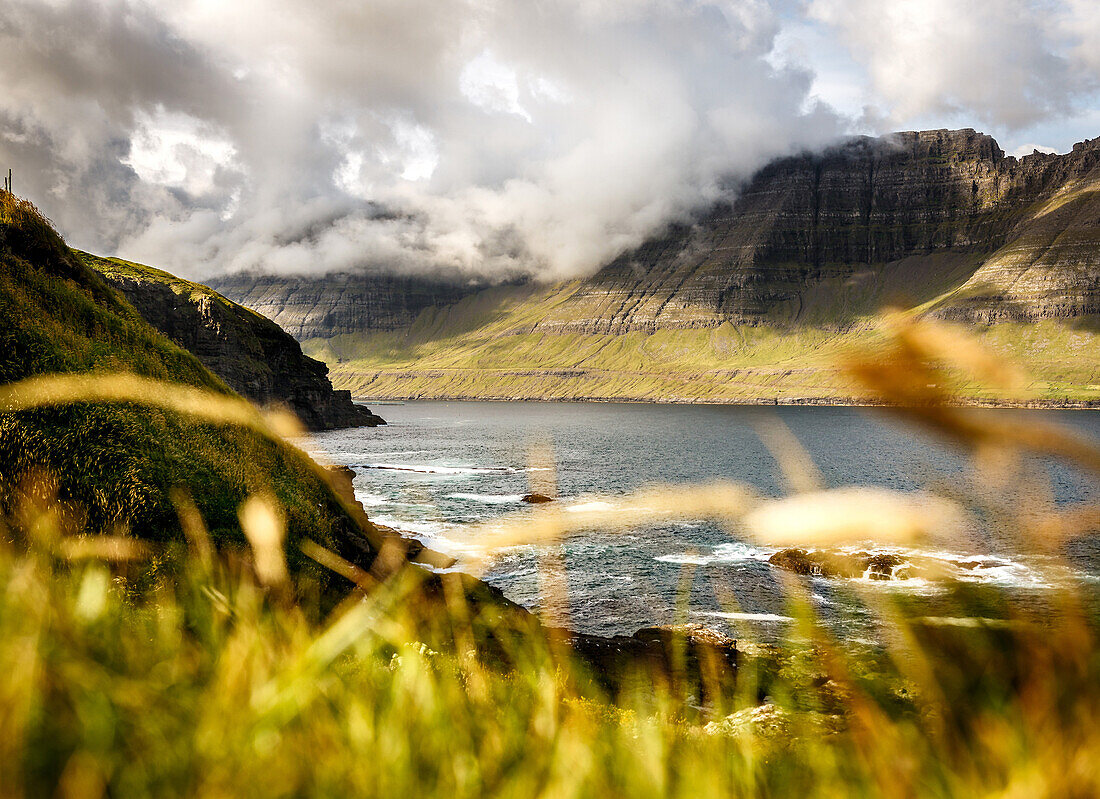 Green, grassy fjord landscape in the north of the Faroe Islands, Viðareiði