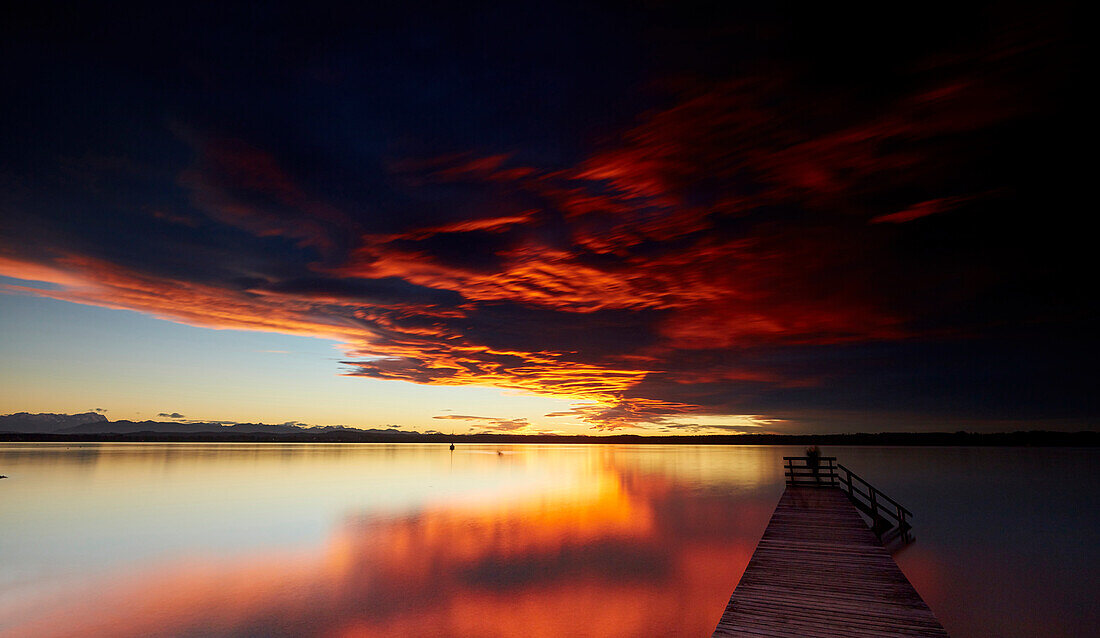 Jetty and Lake, sunset, Ambach, Lake Starnberg, bavaria, germany