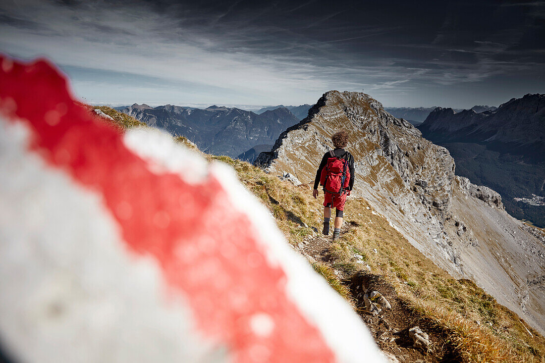 Hiker on the way to the top of Daniel Mountain, Daniel mountain, Ammergau Alps, Tyrol, Austria