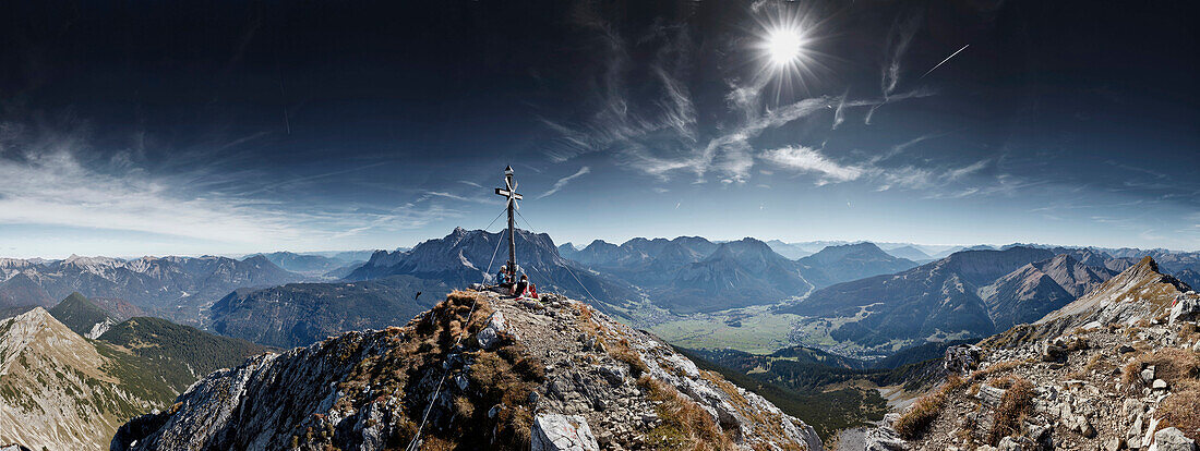 Hikers on the top of Daniel Mountain, Daniel mountain, Ammergau Alps, Tyrol, Austria