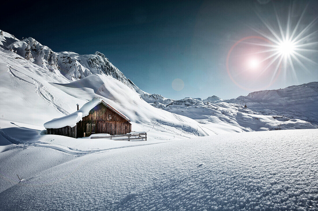 Alpine Hut in the snow, St Christoph /arlberg, Tyrol, Austria