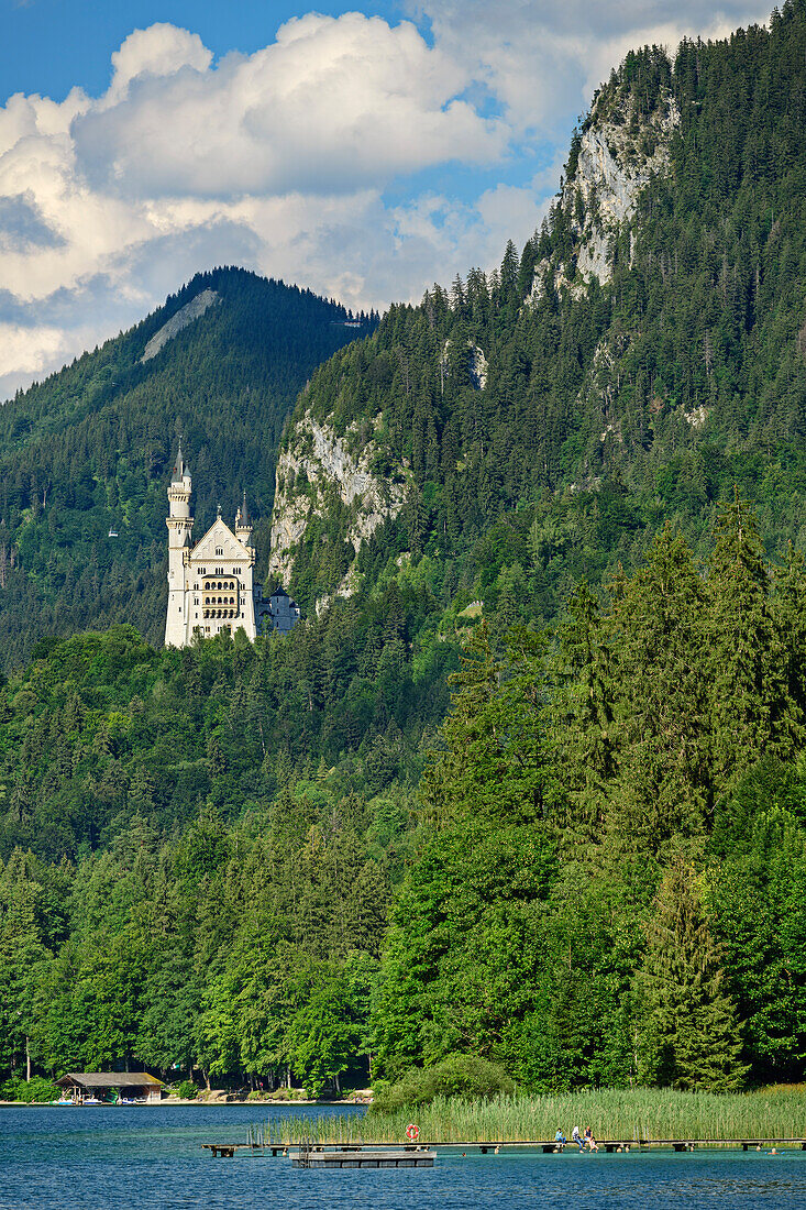 Lake Alpsee with castle Neuschwanstein, Lechweg, Ammergau Alps, Swabia, Bavaria, Germany