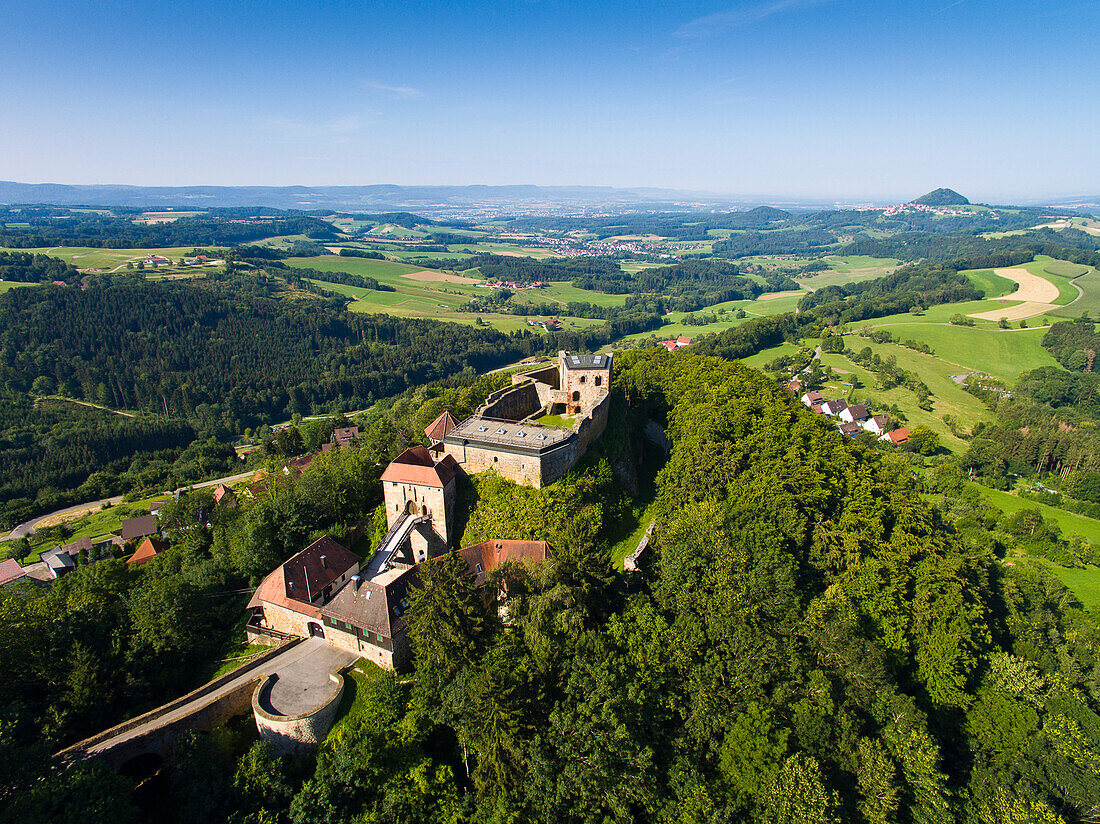 View over Hohenrechberg Castle  to mountain Hohenstaufen, near Schwaebisch Gmuend, Swabian Alb, Baden-Wuerttemberg, Germany
