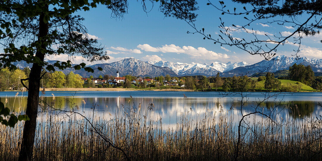 Iffeldorf am Fohnsee mit Jochberg, Karwendelgebirge und Herzogstand, Osterseen, Alpen, Oberbayern, Deutschland