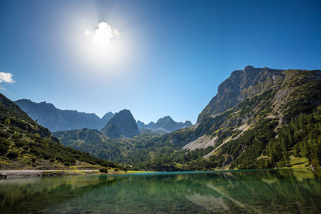 Lake Seebensee with Drachenkopf mountain, Mieminger Mountains, Alps, Tirol, Austria, Europe
