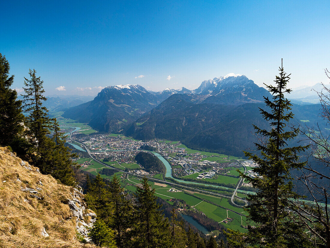 View from Pendling mountain into Inn Valley and Kufstein town, Wilder Kaiser, Alps, Austria, Europe
