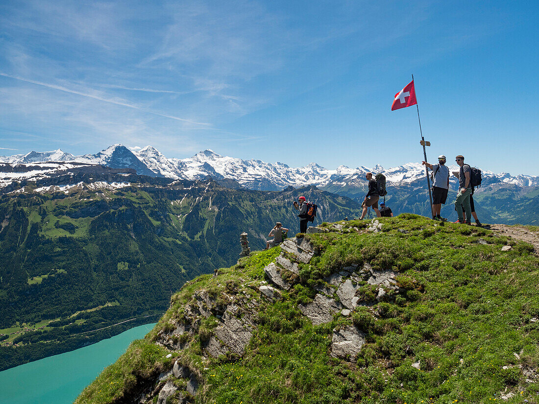 view from Augstmatthorn over lake Brienzer See to the mountains of Eiger, Mönch and Jungfrau, Alps, Bernese Oberland, Switzerland, Europe