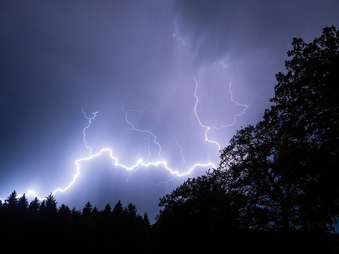 Gewitter mit Blitz über Wald, Bayern, Deutschland