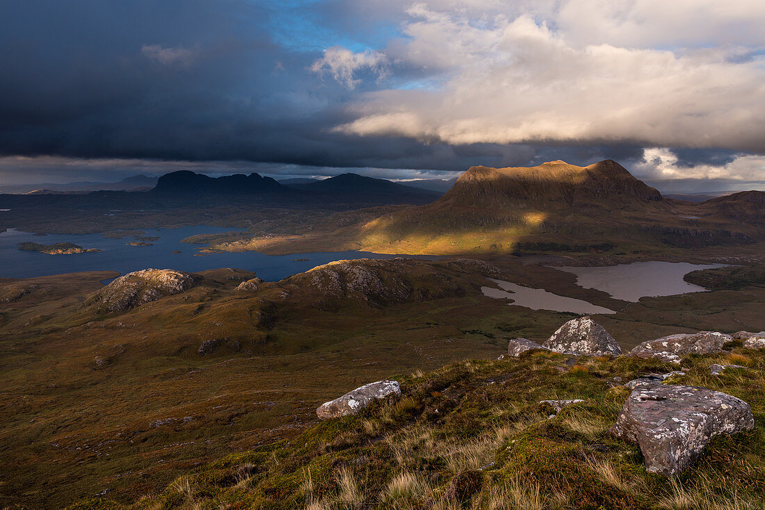 View from Stac Pollaidh on Loch Sionasgaig and Cul Mor, Inverpolly Nature Reserve, Highlands, Scotland, UK