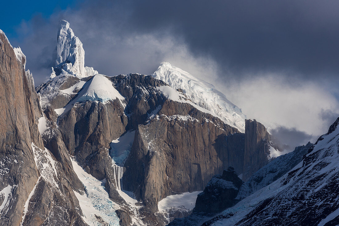 View of the snowy summit of Cerro Torre, from Paso Marconi, Los Glaciares National Park, Patagonia, Argentina