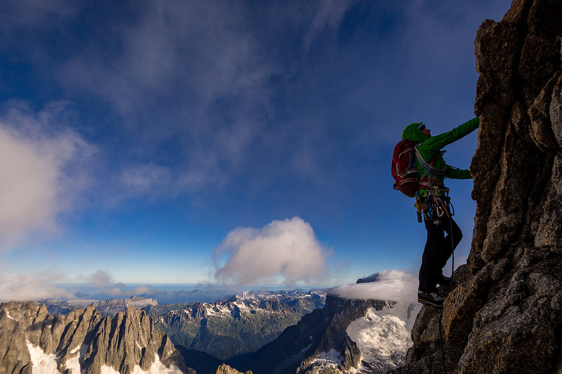 Climber on the ascent to the ridge of the Grandes Jorasses, Mont Blanc group, France