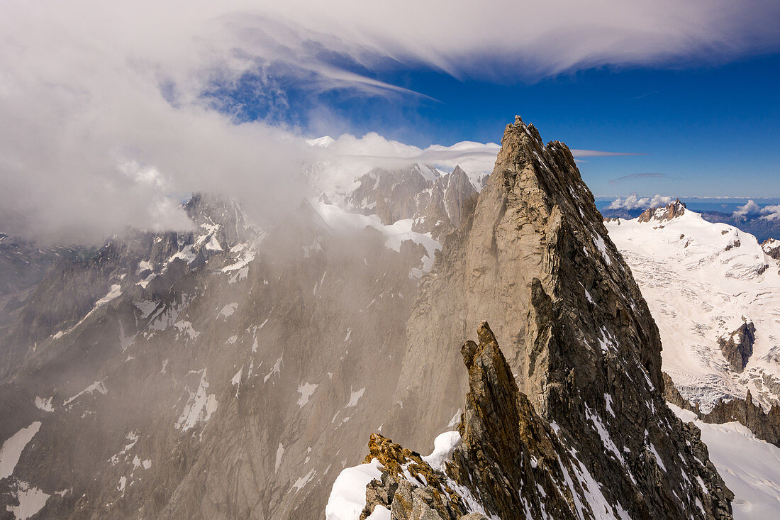 Clouds on the ridge of the Grandes Jorasses, view on glacier, Mont Blanc group, France