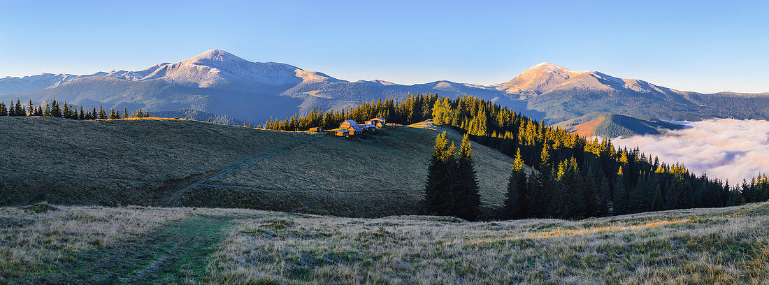 View of mountain Hoverla and mountain Petros, Polonyna Hryhorivka, Kukul, Carpathians, Vorokhta district, Ivano-Frankivsk region, Ukraine, 2018