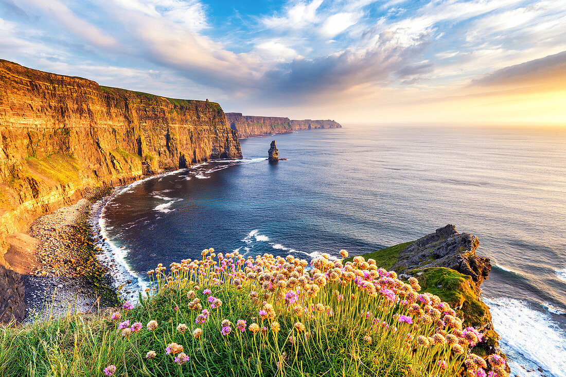 Sunset at Cliffs of Moher, County Clare, Munster province, Republic of Ireland, Europe. 