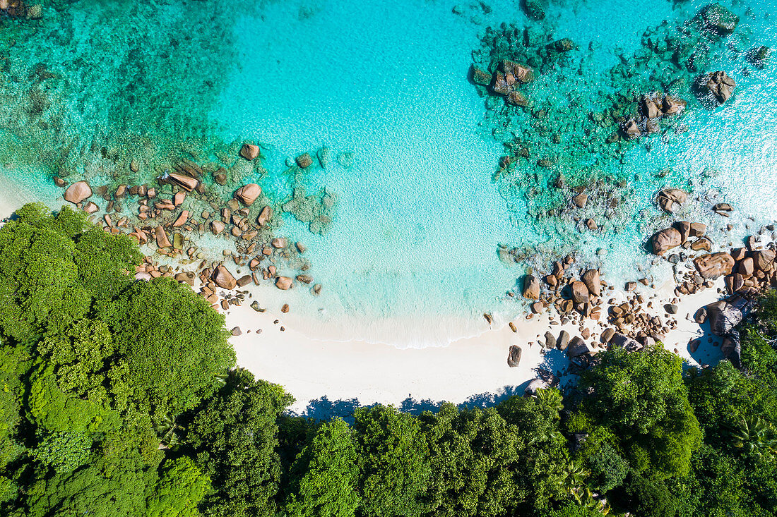 Luftaufnahme Strand Anse Lazio, Insel Praslin, Seychellen, Afrika