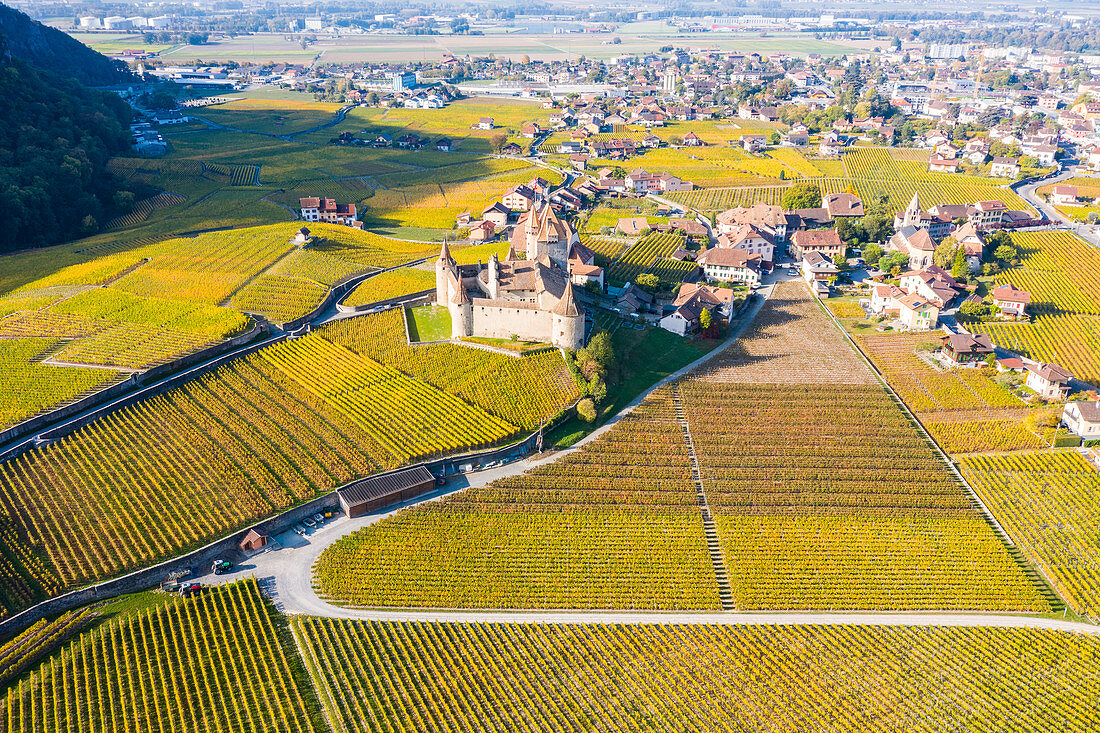 Luftaufnahme vom Schloss Aigle, Kanton Waadt, Schweiz, Europa