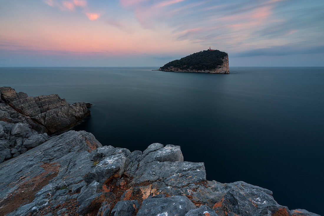 Summer sunset at Tino Island, municipality of Porto Venere, La Spezia province, Liguria, Italy, Europe