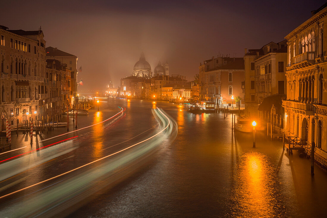 Grand Canal and Santa Maria della Salute Church at night from Accademia Bridge, Venice, Veneto, Italy