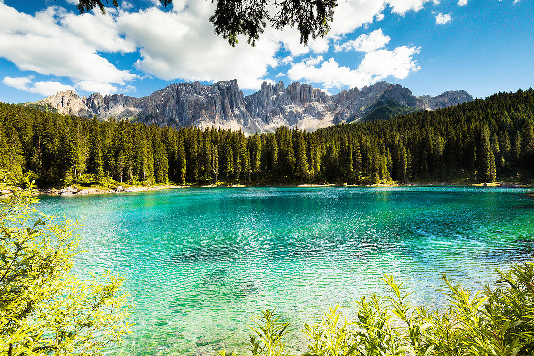 Blick auf den Karersee und dem Latemar im Hintergrund, Provinz Bozen, Südtirol, Trentino-Südtirol, Italien,